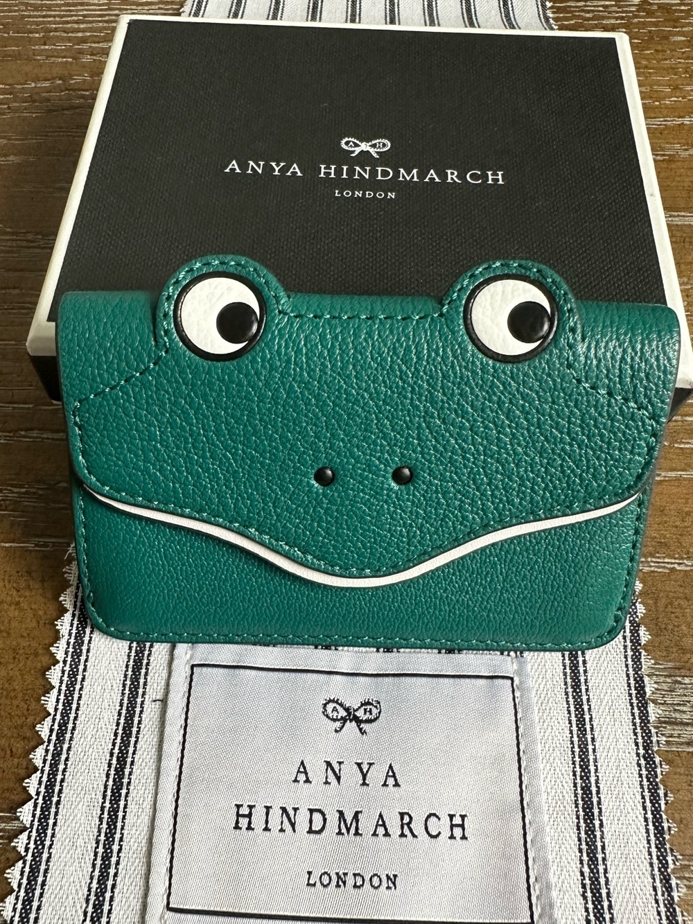 Anya Hindmarch card case frog in viridian shiny capra